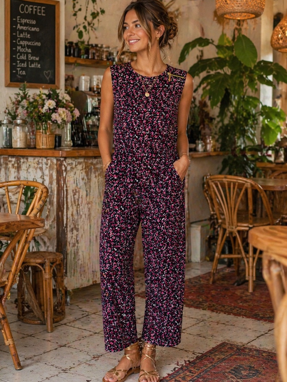 Michael Kors Sleeveless Floral Jumpsuit in Black and purple flowers